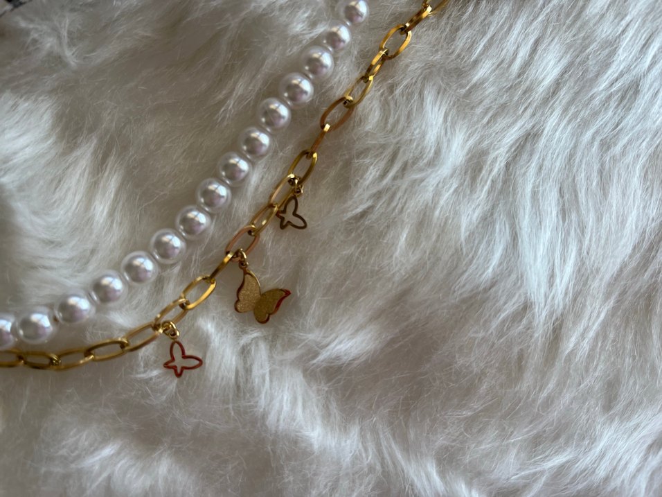 Zincir Kelebek Detaylı Beyaz İncili Çiftli Bileklik - Görsel 2