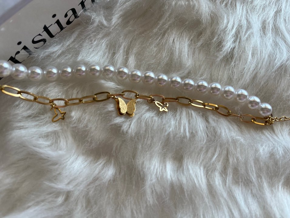 Zincir Kelebek Detaylı Beyaz İncili Çiftli Bileklik - Görsel 3