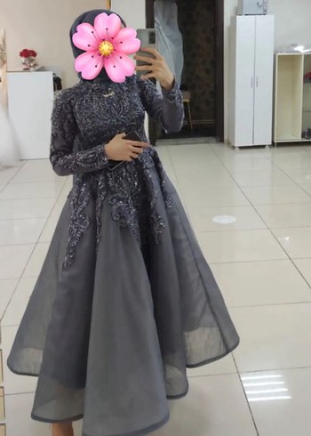 Uzun Kollu Gri Gotik Abiye Elbise