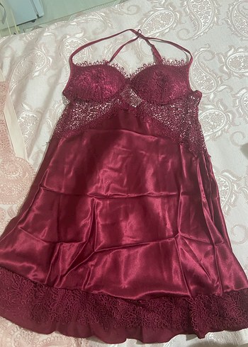İnce İşlemeli bordo Mini Saten Gecelik Takımı - Görsel 4