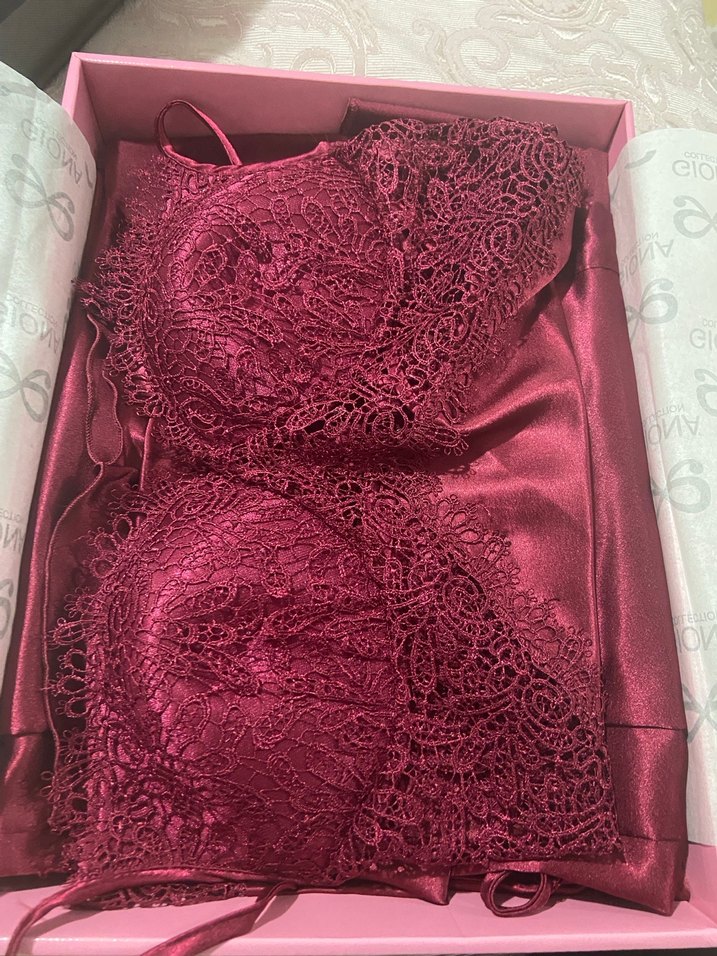 İnce İşlemeli bordo Mini Saten Gecelik Takımı - Görsel 3