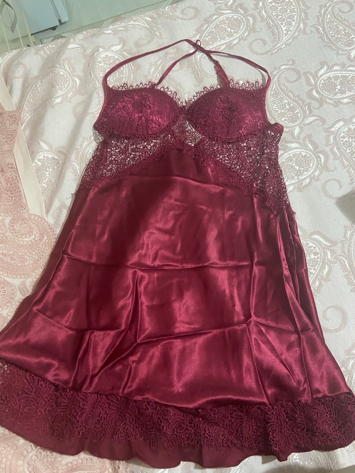 İnce İşlemeli bordo Mini Saten Gecelik Takımı - Görsel 4