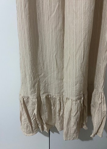 Kadın Bej Pilili Keten Uzun Elbise - Görsel 3