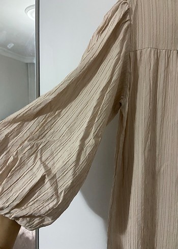 Kadın Bej Pilili Keten Uzun Elbise - Görsel 6