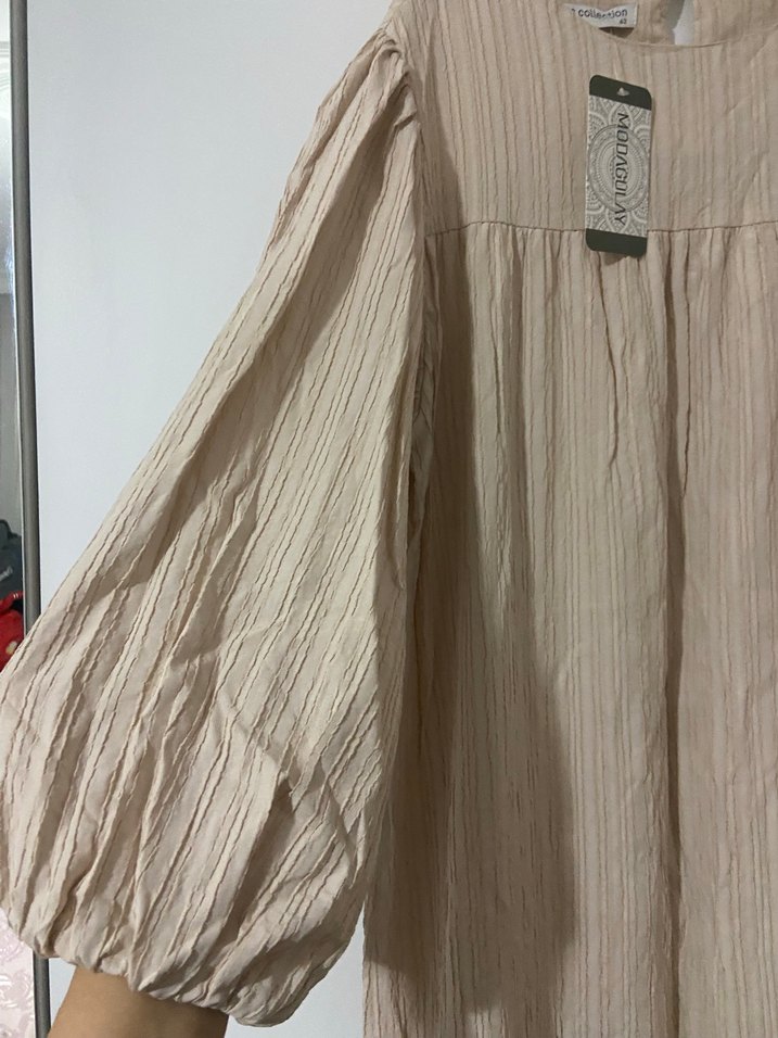 Kadın Bej Pilili Keten Uzun Elbise - Görsel 5