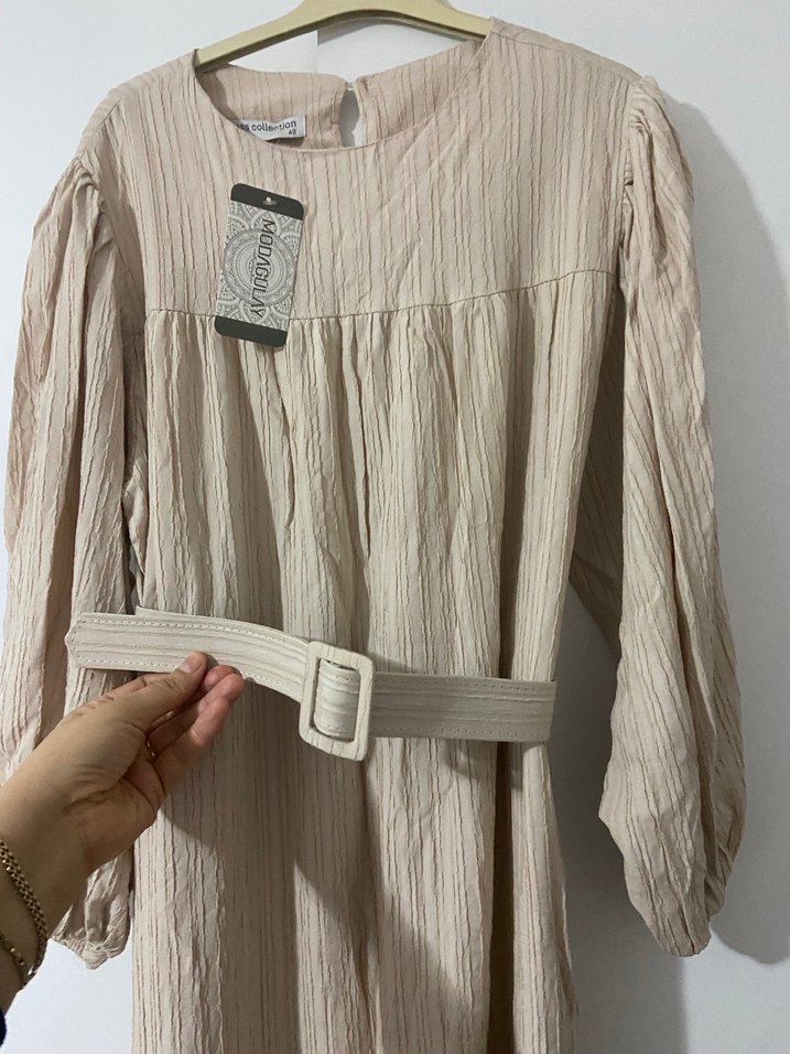 Kadın Bej Pilili Keten Uzun Elbise - Görsel 4