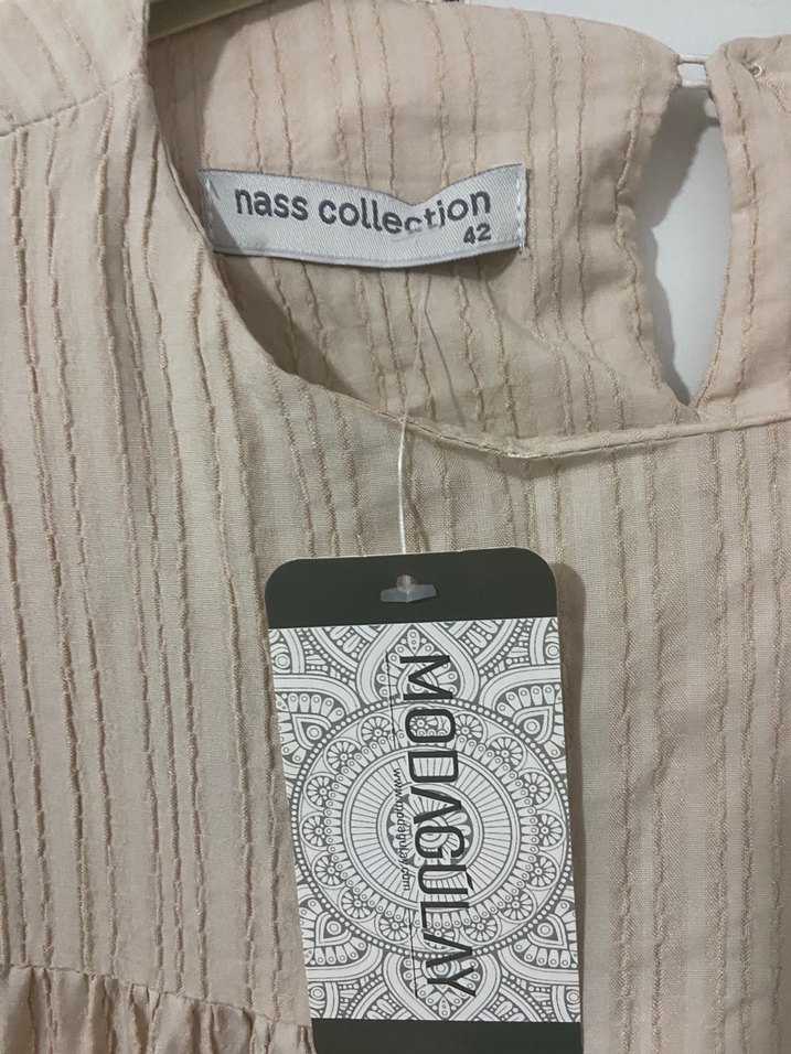 Kadın Bej Pilili Keten Uzun Elbise - Görsel 2