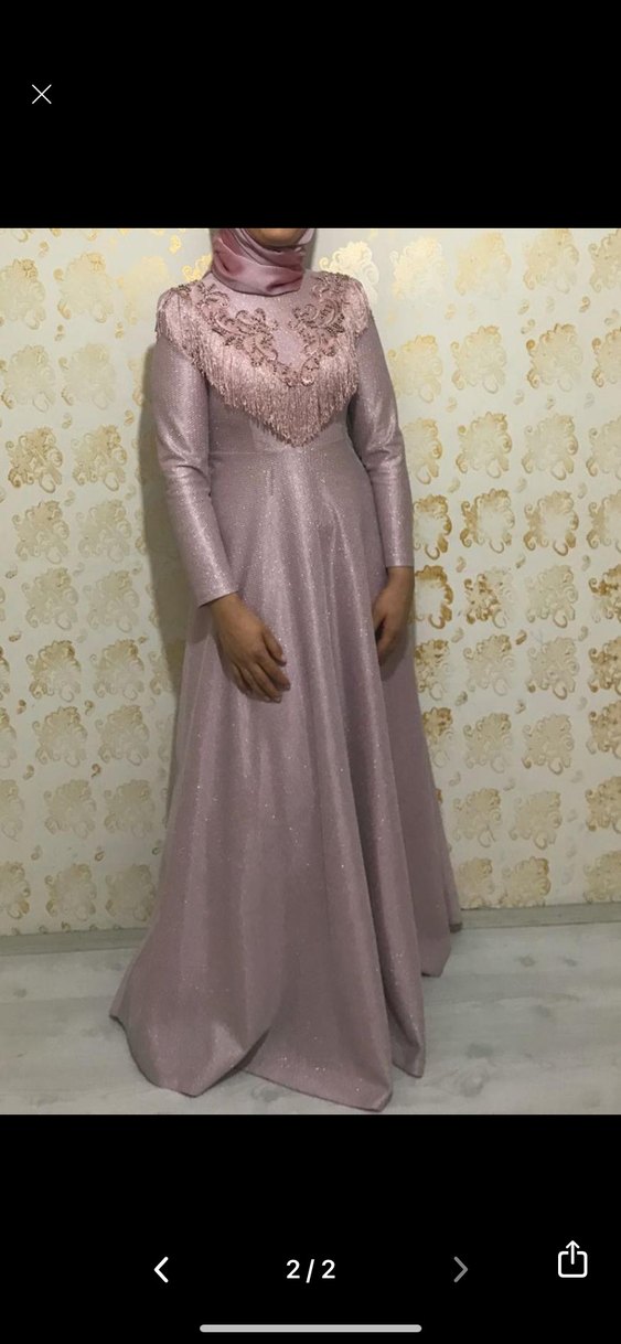 Pembe İşlemeli Uzun Kollu Abiye Elbise - Görsel 2