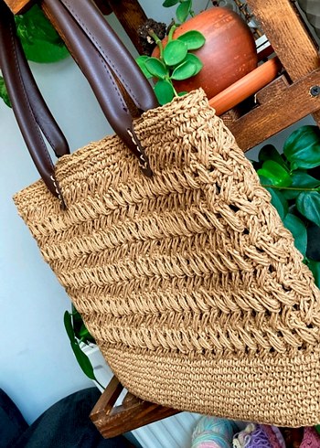 Beden Dantel Detaylı Örme Kahverengi Kadın Çanta