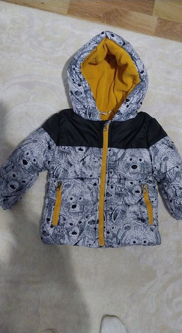 Kapüşonlu, Baskılı, Gri Erkek Çocuk Mont - Görsel 2