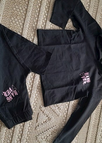 Siyah Kapüşonlu Baskılı Kız Eşofman Takımı - Görsel 2