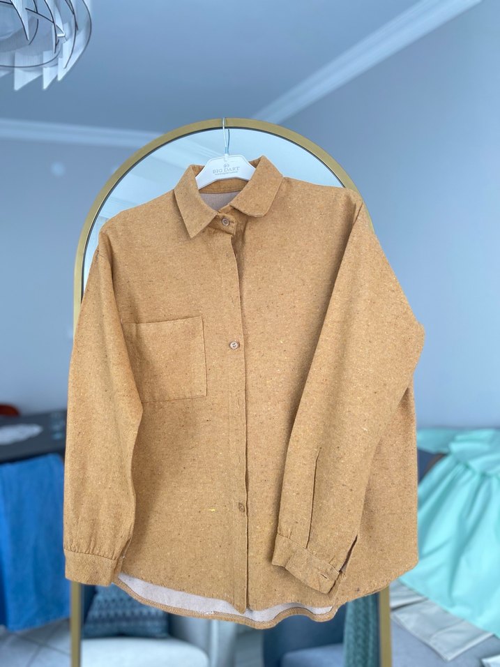 Hardal sarısı Düğmeli Yün Kadın Gömlek - Görsel 2