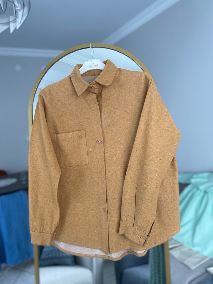 Hardal sarısı Düğmeli Yün Kadın Gömlek - Görsel 3