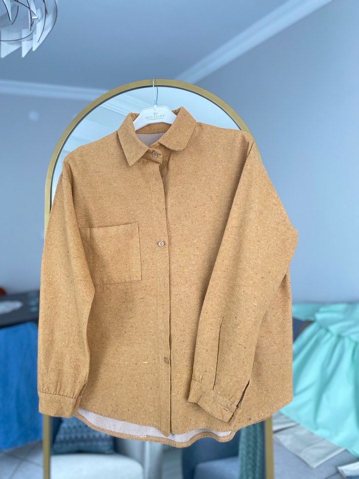 Hardal sarısı Düğmeli Yün Kadın Gömlek - Görsel 4