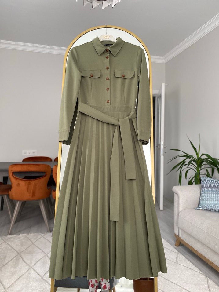Kemerli Haki Uzun Kadın Elbise - Görsel 2