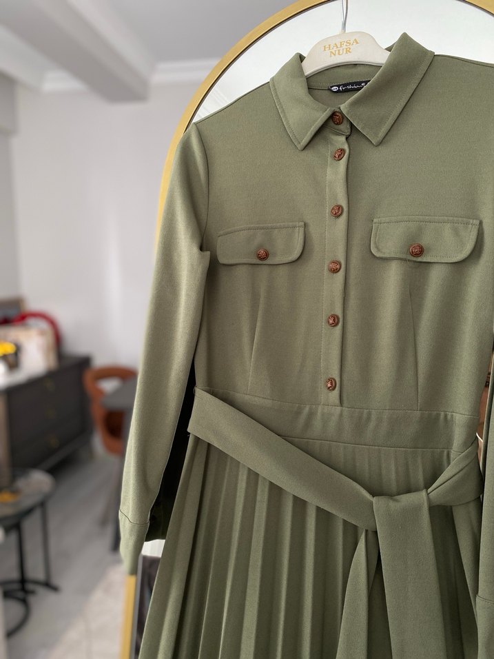 Kemerli Haki Uzun Kadın Elbise - Görsel 3