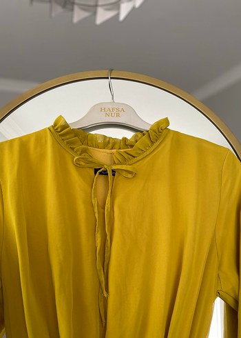 Sarı Uzun Kollu Fırfırlı şifon Uzun Elbise - Görsel 3