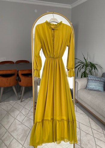 Sarı Uzun Kollu Fırfırlı şifon Uzun Elbise - Görsel 2
