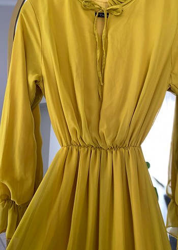 Sarı Uzun Kollu Fırfırlı şifon Uzun Elbise - Görsel 5