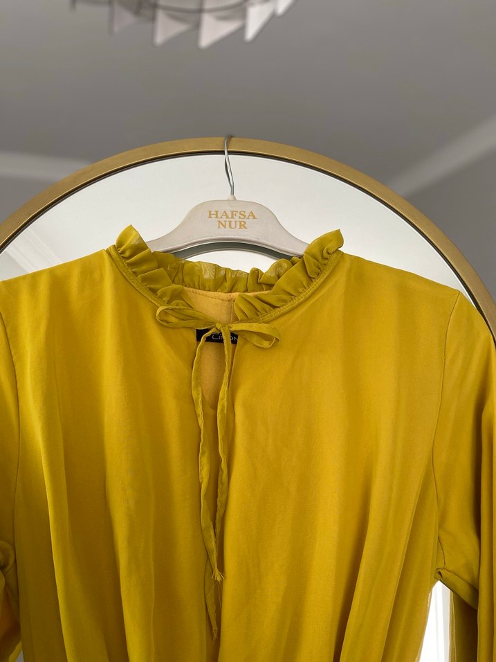 Sarı Uzun Kollu Fırfırlı şifon Uzun Elbise - Görsel 3