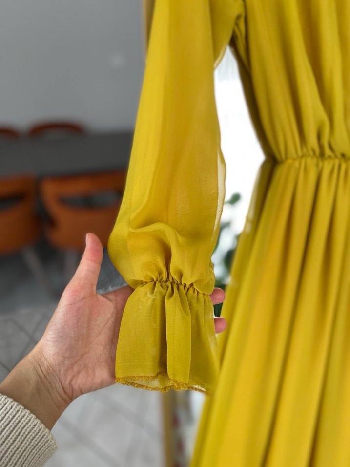 Sarı Uzun Kollu Fırfırlı şifon Uzun Elbise - Görsel 4