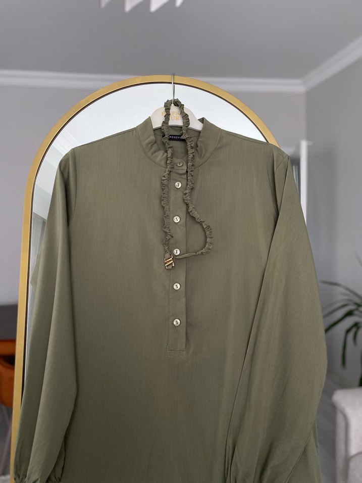 Düğmeli Haki Uzun Elbise - Görsel 3