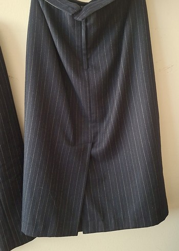 Kadın Yun Karsimli Lacivert Çizgili Midi Takım Elbise - Görsel 5