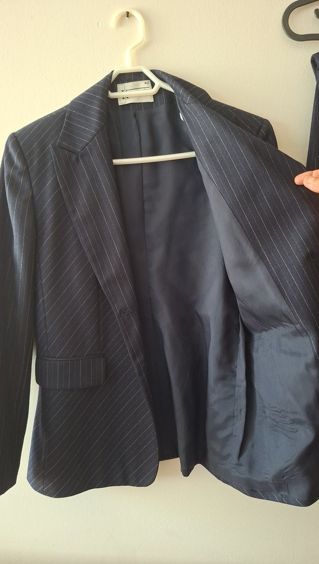 Kadın Yun Karsimli Lacivert Çizgili Midi Takım Elbise - Görsel 2