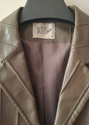 Zeytin Yesili Düğmeli Midi Deri Kadın Ceket - Görsel 3