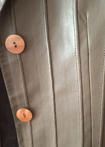 Zeytin Yesili Düğmeli Midi Deri Kadın Ceket - Görsel 2