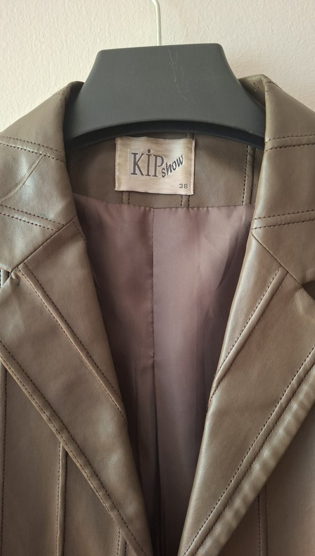 Zeytin Yesili Düğmeli Midi Deri Kadın Ceket - Görsel 3