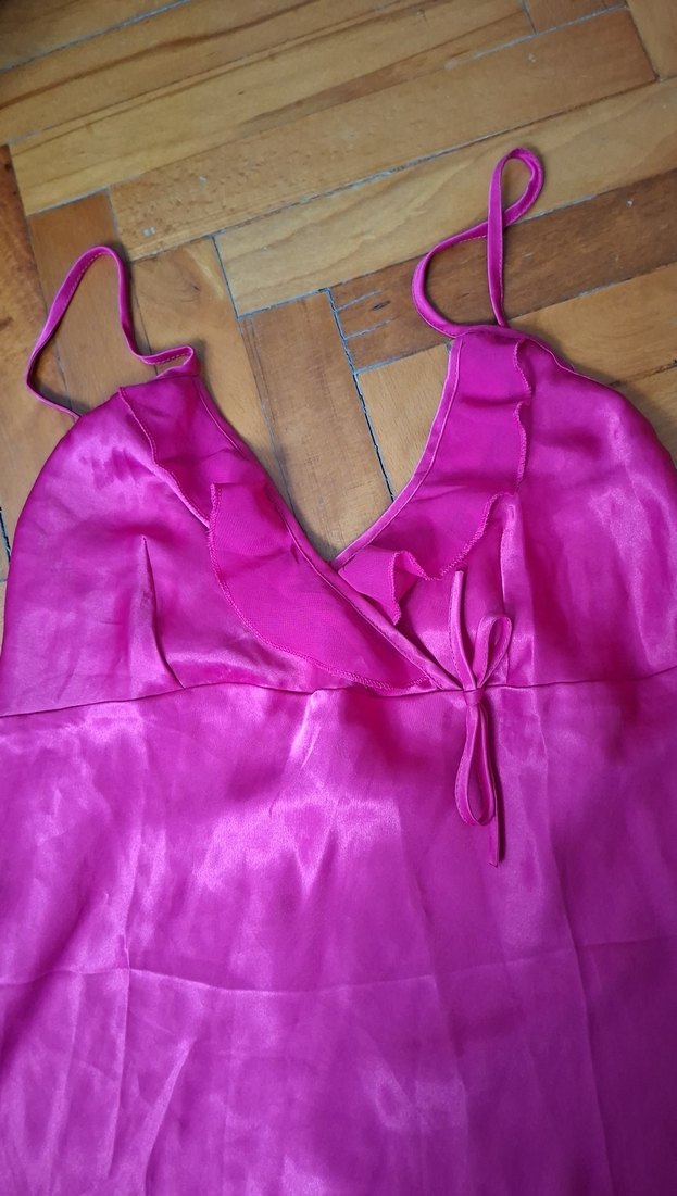 Pembe Drapeli V Yaka Saten Gecelik - Görsel 3