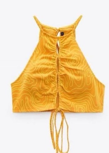 Zara Sarı Bağcıklı V Yaka Crop Top