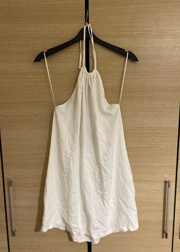 Beyaz Keten Midi Halter Yaka Elbise