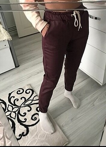 Mumlu deri pantolon bordo