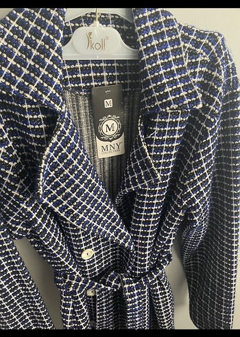 Düğmeli Mavi Ekose Uzun Kadın trenç - Görsel 2