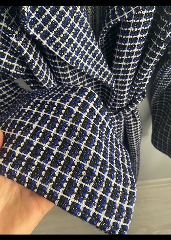 Düğmeli Mavi Ekose Uzun Kadın trenç - Görsel 3