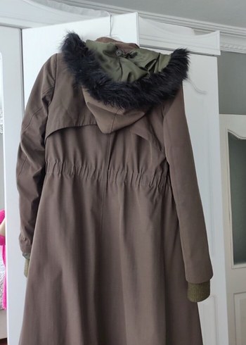 Kapüşonlu Uzun Haki mont - Görsel 3
