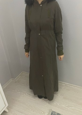 Kapüşonlu Uzun Haki mont - Görsel 5