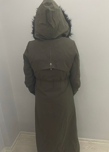 Kapüşonlu Uzun Haki mont - Görsel 4