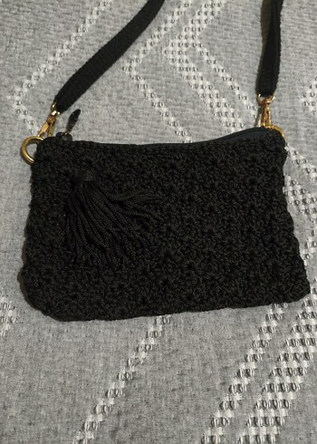 Püsküllü Siyah Örgü Kadın Çanta - Görsel 2