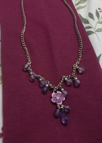 Mor Boncuklu Çiçekli Bohem vintage Midi Kolye - Görsel 3