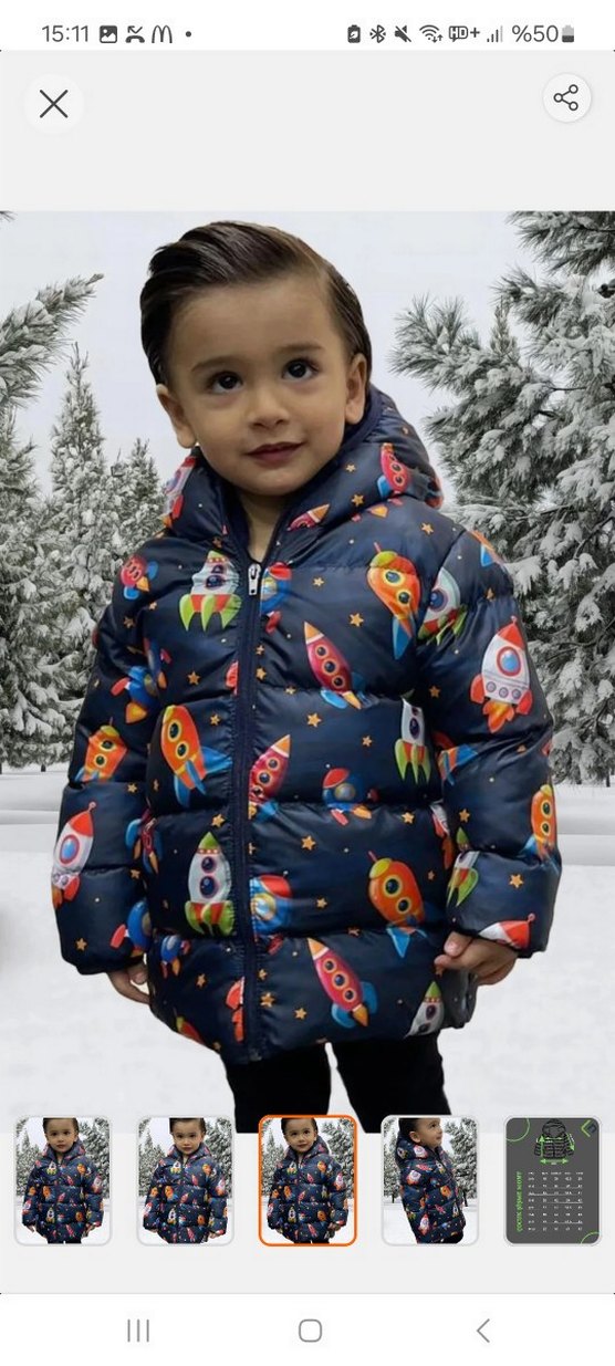 First Step Çocuklar için Renkli Kapüşonlu Roket Baskılı Mont - Görsel 5