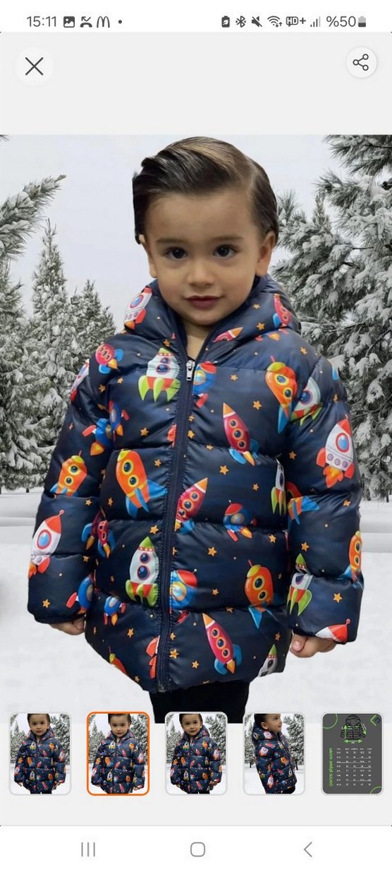 First Step Çocuklar için Renkli Kapüşonlu Roket Baskılı Mont - Görsel 4