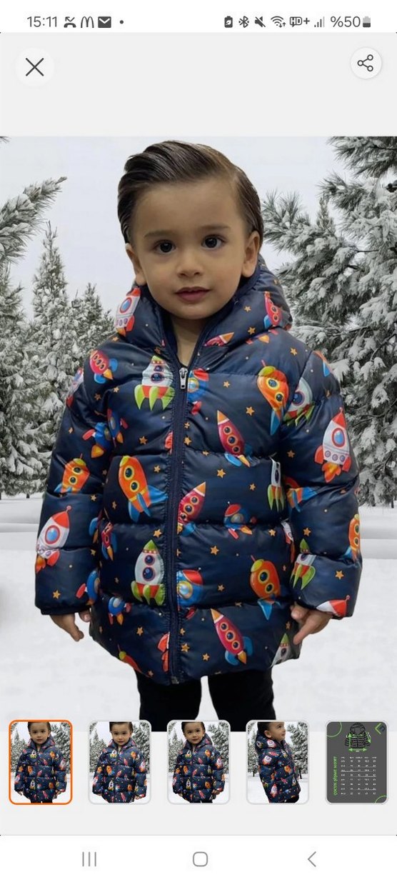 First Step Çocuklar için Renkli Kapüşonlu Roket Baskılı Mont - Görsel 3