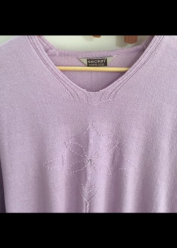 Mor V Yakalı Örgü Kadın Kazak - Görsel 2