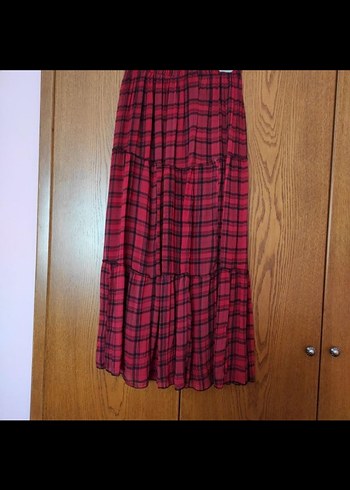 Kırmızı Ekoseli Uzun şifon Etek - Görsel 2