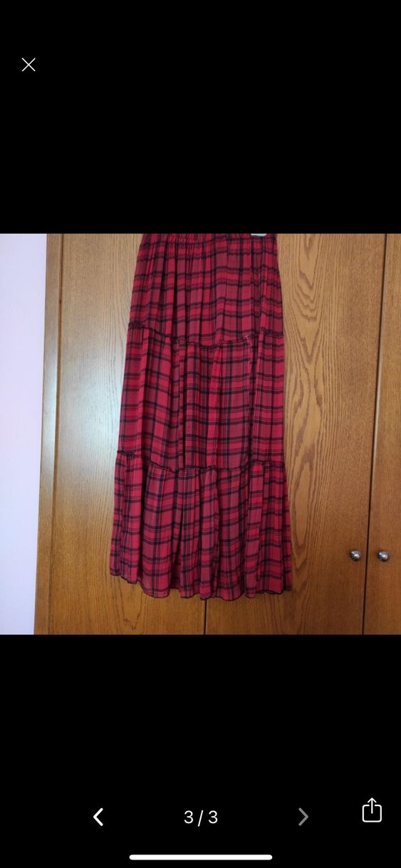 Kırmızı Ekoseli Uzun şifon Etek - Görsel 2