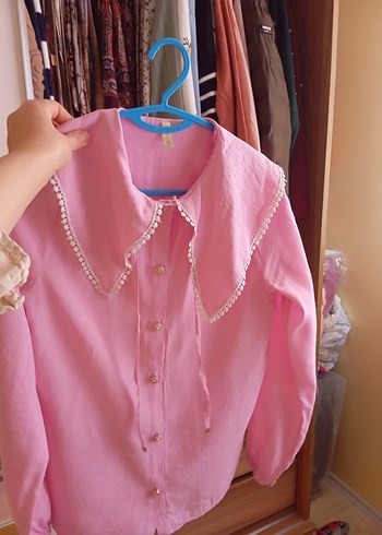 Pembe Düğmeli Kadın Keten Gömlek