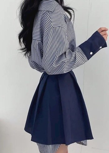 Mavi Çizgili Kadın Mini Gömlek elbise - Görsel 2